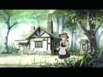  1girl apron blonde_hair braid broom building chimney closed_eyes dress female flower forest hat house kirisame_marisa landscape letterboxed nature open_mouth outdoors scenery seo_tatsuya smoke solo standing touhou tree well witch_hat 