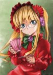  00s blonde_hair blue_eyes bow cup doll_joints flower glasses gothic_lolita kazumiya_akira lolita_fashion long_hair rose rozen_maiden saucer shinku tea 