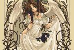  1girl angel art_nouveau brown_hair dress food food_as_clothes fruit grapes green_eyes jewelry long_hair malino_(dream_maker) necklace solo wings 