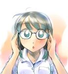  1girl :o adjusting_glasses aqua_eyes black_hair glasses ikeda_jun_(mizutamari) original shirt short_hair solo upper_body white_shirt 