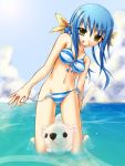 bikini blue_hair breasts hair_ribbon kneeling ribbon small_breasts smile striped striped_bikini striped_swimsuit submerged swimsuit twintails undressing yellow_eyes 