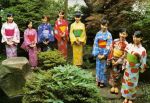  6+girls asian dress floral_print japanese_clothes kimono multiple_girls obi outdoors photo platform_footwear print_dress print_kimono sandals sash standing 