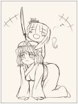  2girls all_fours blush chibi female happy hitodama konpaku_youmu konpaku_youmu_(ghost) monochrome multiple_girls musical_note saigyouji_yuyuko short_hair simple_background sitting sitting_on_person sketch sword touhou triangular_headpiece weapon younger 