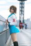  1girl armband asian brown_hair cosplay highres kipi-san pantyhose photo real_life school_uniform serafuku short_hair solo suzumiya_haruhi suzumiya_haruhi_no_yuuutsu 