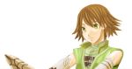  .hack// 1boy :| bandai brown_hair cyber_connect_2 expressionless green_shirt hack looking_at_viewer male_focus shirt silabus silabus_(.hack//) sleeveless sleeveless_shirt solo upper_body white_background yellow_eyes yuura_shiu 