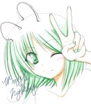  1girl antennae blush female gesture green_eyes green_hair one_eye_closed short_hair smile solo touhou wriggle_nightbug 