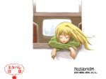  1girl blonde_hair blush closed_eyes crossed_arms facing_viewer fuyuwa_kotatsu ground_vehicle higurashi_no_naku_koro_ni long_hair long_sleeves looking_out_window ponytail seat smile solo takano_miyo train train_interior watermark white_background wind 