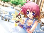  1girl animal_ears banana blush bracelet collar dessert dog_ears food fruit game_cg happy ice_cream jewelry moekibara_fumitake outdoors parfait percy pink_hair platinum_wind short_hair solo spoon strawberry table violet_eyes watermark 