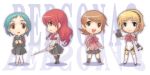  4girls aegis aegis_(persona) android aqua_hair atlus blonde_hair blue_eyes boots bow brown_eyes brown_hair chibi choker dasoku_sentarou footwear headband kirijou_mitsuru kneehighs long_hair multiple_girls open_mouth pantyhose persona persona_3 red_eyes redhead ribbon school_uniform serafuku short_hair smile socks takeba_yukari thigh-highs wavy_hair weapon yamagishi_fuuka 