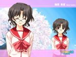  1girl black_hair bow brown_eyes character_name cherry_blossoms closed_eyes copyright_name cowboy_shot dual_persona glasses photoshop pink_bow school_uniform serafuku short_hair smile to_heart_2 tree wavy_hair yuzuhara_haruka 