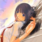  1girl blue_eyes brown_hair clouds futami_eriko insignia kimi_kiss lying necktie pov sakamoto_mineji school_uniform serafuku shirt sky solo sunset wet wet_clothes wet_shirt 