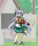  1girl barn belt blue_eyes boots bow dress female full_body hair_bow instrument long_hair lowres mof mof&#039;s_silver_haired_twintailed_girl nature oekaki original outdoors plant silver_hair skirt solo twintails very_long_hair violin weapon 
