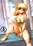  00s 1girl :p bare_shoulders barefoot between_thighs blonde_hair breasts cagalli_yula_athha cleavage feet green_eyes green_panties gundam gundam_seed gundam_seed_destiny hisahiko legs midriff navel panties sitting solo strap_slip tank_top thighs tongue tongue_out underwear underwear_only 