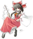  1girl ascot black_hair black_shoes bow detached_sleeves dress female frilled_bow frills full_body gohei hair_bow hair_tubes hakurei_reimu imperishable_night looking_at_viewer pantyhose red_bow red_dress red_eyes seo_tatsuya shoes short_hair sidelocks smile solo touhou white_background white_legwear 