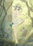  1girl animal animal_on_head barefoot bird bird_on_head blonde_hair butterfly dress flower forest hair_flower hair_ornament kuga_tsukasa leg_ribbon looking_at_viewer nature original outdoors overgrown ribbon rock ruins solo standing sunlight white_dress 