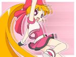  1girl akazutsumi_momoko arm_up black_gloves bow cowboy_shot gloves hair_bow hyper_blossom long_hair looking_at_viewer looking_back lowres oekaki orange_hair pink_background pink_shirt pink_shoes pink_skirt ponytail powerpuff_girls powerpuff_girls_z red_bow red_eyes shirt shoes skirt smile solo 