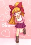  1girl ;p akazutsumi_momoko arms_behind_back blush bow brown_hair brown_shoes character_name full_body hair_bow heart heart_background hyper_blossom kneehighs long_hair one_eye_closed pink_background pink_shirt ponytail powerpuff_girls powerpuff_girls_z purple_skirt red_bow red_eyes shirt shoes skirt solo standing standing_on_one_leg tongue tongue_out yellow_legwear 