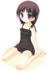  1girl bare_shoulders barefoot black_dress blush brown_hair child dress hands_on_feet legs long_hair meito_(maze) original ribbon sitting smile solo twintails violet_eyes wariza 