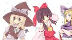  3girls black_hair black_hat blonde_hair bow brown_eyes crossed_arms detached_sleeves expressionless female hair_bow hair_tubes hakurei_reimu hat kirisame_marisa multiple_girls neckerchief neki-t one_eye_closed red_bow short_hair sidelocks sketch touhou upper_body white_background white_hat witch_hat yakumo_yukari 