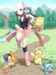  1girl bag beanie black_hair blue_eyes boots bulbasaur clouds cyndaquil duffel_bag hamamo hat hikari_(pokemon) mountain nintendo pikachu pink_boots piplup pokemon pokemon_(creature) poketch river torchic tree watch watch 