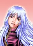  1girl :d face king_of_fighters kula_diamond lips lowres open_mouth parted_lips pink_background red_eyes silver_hair simple_background smile snk solo teeth the_king_of_fighters turtleneck zipper 