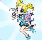  1girl :x belt black_gloves black_hat blonde_hair blue_background blue_eyes blue_shirt blue_shoes blue_skirt bubble creature drill_hair fingerless_gloves full_body gloves goutokuji_miyako hair_ornament hairclip hat looking_at_viewer lowres octi powerpuff_girls powerpuff_girls_z rolling_bubbles shirt shoes short_hair skirt top_hat twin_drills 