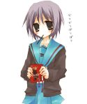  1girl black_eyes mouth_hold nagato_yuki pocky purple_hair school_uniform serafuku short_hair solo suzumiya_haruhi_no_yuuutsu suzushiro_kurumi 