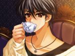  1boy black_hair brown_eyes carnelian cup game_cg jewelry male_focus messiah_(game) necklace sasamori_ryouta sipping solo tea teacup 