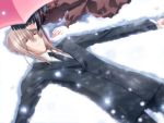  1boy 1girl carnelian formal game_cg kiss night_demon osagiri_shuka ribbon ryuujou_mashiro snow snowing umbrella 