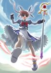  1girl black_gloves blue_eyes bow brown_hair capelet fingerless_gloves gloves hair_ribbon holding holding_weapon legs long_sleeves looking_at_viewer lyrical_nanoha magazine_(weapon) magical_girl mahou_shoujo_lyrical_nanoha mahou_shoujo_lyrical_nanoha_a&#039;s polearm raising_heart red_bow redhead ribbon shoes short_hair solo staff takamachi_nanoha twintails two_side_up uniform violet_eyes weapon winged_shoes wings 