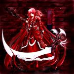 1girl boots demon dress frills gothic hair_ribbon hisame_shizuki long_hair red red_boots red_dress red_eyes redhead ribbon scythe solo very_long_hair warrior weapon 