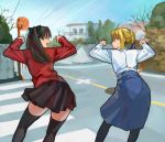  2girls ass b_suke blonde_hair blood+ blouse duplicate fate/stay_night fate_(series) multiple_girls pantyhose parody saber tohsaka_rin turtleneck 