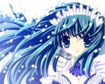  1girl blue_eyes breasts cleavage frills green_eyes green_hair large_breasts long_hair maid_headdress shikigami_azuma snow snowing solo wind 
