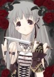 1girl belt black_eyes blush cutting_hair dagger dress duplicate flower gloves hair_ornament hair_ribbon hair_tie hairclip holding holding_hair jewelry knife long_hair lowres mikazukimo necklace open_mouth reverse_grip ribbon ring rose silver_hair solo very_long_hair weapon 