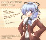  00s 1girl 2006 artist_name black_necktie blush braid brown_shirt canvas_2 dated expressionless fujinami_tomoko grey_eyes grey_hair hair_over_shoulder hands_on_hips icesherbet long_hair looking_at_viewer necktie orange_background shirt solo 