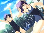  2girls :d ;d ^_^ armpits arms_up bangs blue_hair blue_swimsuit blush breasts building chain-link_fence closed_eyes clouds cowboy_shot day dutch_angle eyebrows_visible_through_hair fence from_side game_cg hand_up happy himeyuri_ruri himeyuri_sango holding in_water kneeling medium_breasts multiple_girls nakamura_takeshi name_tag old_school_swimsuit one-piece_swimsuit one_eye_closed open_mouth outdoors outstretched_arms pool pool_ladder poolside purple_hair school_swimsuit short_hair siblings sisters sky small_breasts smile splashing standing swim_cap swimsuit to_heart_2 tree twins violet_eyes wading water water_drop water_gun wince 