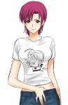  1girl bazett_fraga_mcremitz breasts earrings fate/hollow_ataraxia fate/stay_night fate_(series) female jewelry pants red_eyes redhead saber shirt short_hair smile solo t-shirt tosibow 