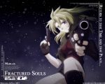  00s 1girl aiming_at_viewer black_boots blonde_hair blue_eyes boots breasts brown_gloves character_name copyright_name dual_wielding fingerless_gloves fingernails floating_hair gloves gun handgun holding holding_gun holding_weapon knee_boots large_breasts long_hair madlax madlax_(character) night night_sky open_clothes open_vest outdoors red_shirt shirt sky smile solo star_(sky) starry_sky underbust unzipped vest violet_eyes weapon wind 