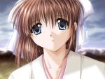  1girl blue_eyes brown_hair close-up game_cg izumo minase_nanami outdoors smile solo tears yamamoto_kazue 