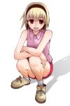  1girl blonde_hair bloomers hairband higurashi_no_naku_koro_ni houjou_satoko open_mouth red_eyes shoes short_hair sleeveless socks solo squatting una_(dpaxg) underwear 