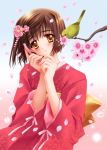  1girl bird carnelian cellphone cherry_blossoms flower hair_flower hair_ornament japanese_clothes kimono petals phone solo 