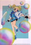  1girl :d black_gloves blonde_hair blue_background blue_eyes blue_shirt blue_shoes blue_skirt bubble concept_art drill_hair fingerless_gloves full_body gloves goutokuji_miyako hair_ornament hairclip jacket looking_at_viewer object_namesake open_mouth pleated_skirt powerpuff_girls powerpuff_girls_z rolling_bubbles scan shirt shoes short_hair skirt smile solo staff standing standing_on_one_leg twin_drills 