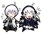  00s 1boy 1girl ^_^ beamed_quavers bleach chibi closed_eyes crossover haori ichimaru_gin japanese_clothes karaoke microphone music musical_note quaver rozen_maiden silver_hair simple_background singing suigintou taichou_haori trait_connection white_background 