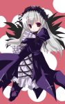  00s 1girl black_dress black_wings blush dress frilled_sleeves frills hairband lolita_hairband long_sleeves looking_at_viewer pink_eyes rozen_maiden silver_hair smile solo suigintou wings 