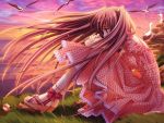  1girl airi_(quilt) bird carnelian feet game_cg quilt quilt_(game) sandals seagull sky solo sunset twintails 