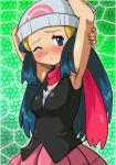  1girl akadama armpits beanie blue_eyes blue_hair blush green_background hat hikari_(pokemon) long_hair mosaic_background one_eye_closed pokemon red_scarf scarf solo sweat wink 