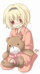  1girl barefoot blonde_hair blush full_body hairband higurashi_no_naku_koro_ni houjou_satoko long_sleeves open_mouth pajamas pants red_eyes sad short_hair sitting soles solo stuffed_animal stuffed_toy sweatdrop tears teddy_bear wavy_mouth white_background 