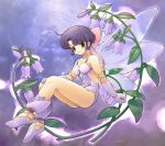  1girl boots choker elbow_gloves fairy fairy_wings flower gloves hair_ribbon headband leotard looking_at_viewer original purple_boots purple_gloves purple_hair ribbon short_hair sitting solo uchiu_kazuma wings yellow_eyes 