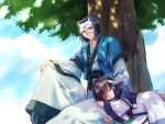  1boy 1girl animal_ears aruruw closed_eyes dappled_sunlight dog_ears hakuoro japanese_clothes lap_pillow sky sleeping sunlight tree urase_shioji utawareru_mono 