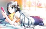  1girl animal_ears bed bedroom cellphone hiide phone ribbon school_uniform serafuku solo yotsunoha yuki_arisa 
